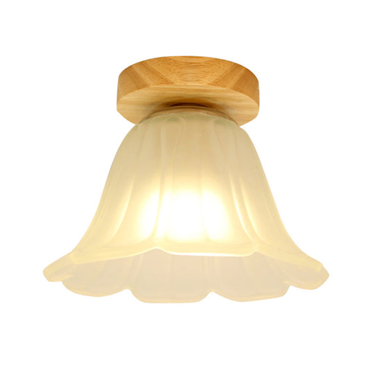 Modern Wood Flush Mount with White Glass Shade - 1-Head Corridor Lamp