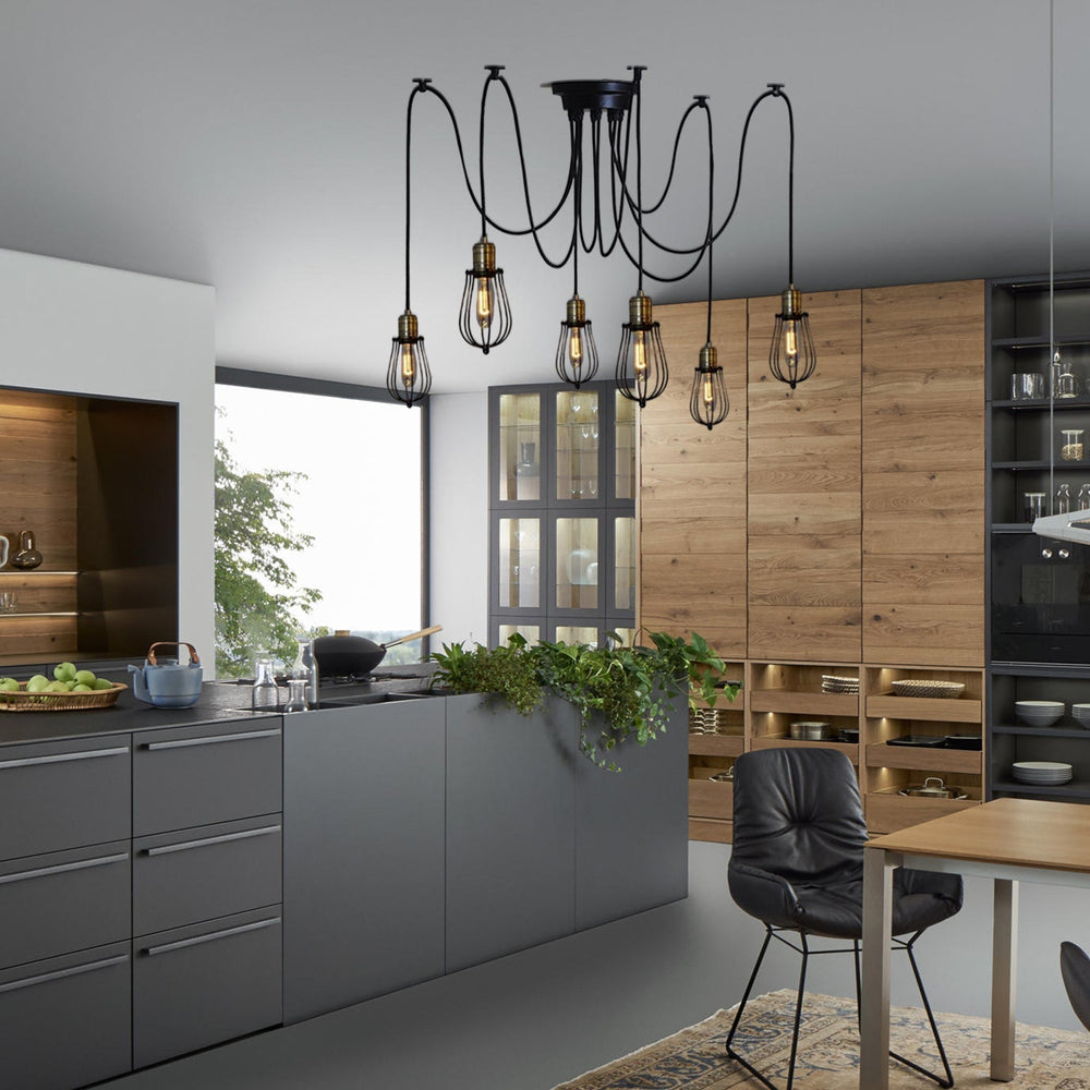 Vintage Black Metal Spider Suspension Light - 6-Light Ceiling Fixture with Small Cage Shade for Kitchen