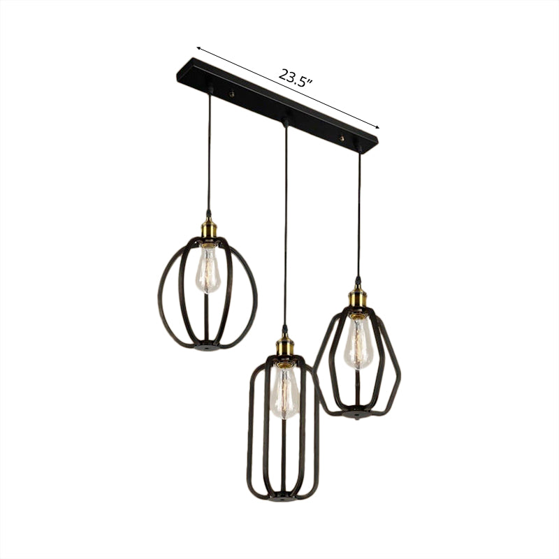 Antique Black Iron Pendant Light With 3 Cages - Adjustable For Living Room Ceiling