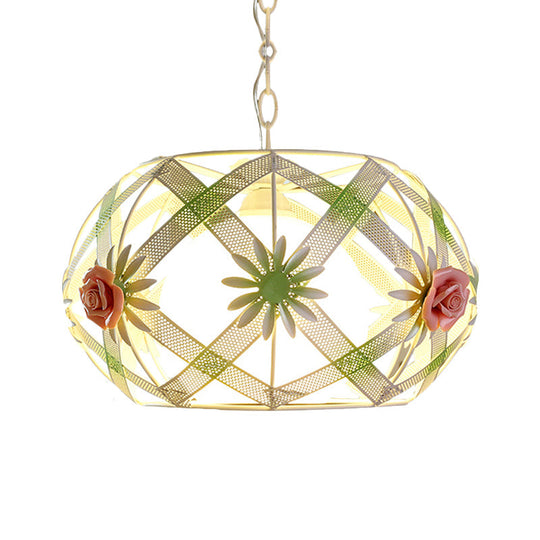 Pastoral Pink/Blue Iron Hanging Lamp: Ribbon Strap Pendant Light With Glass Shade