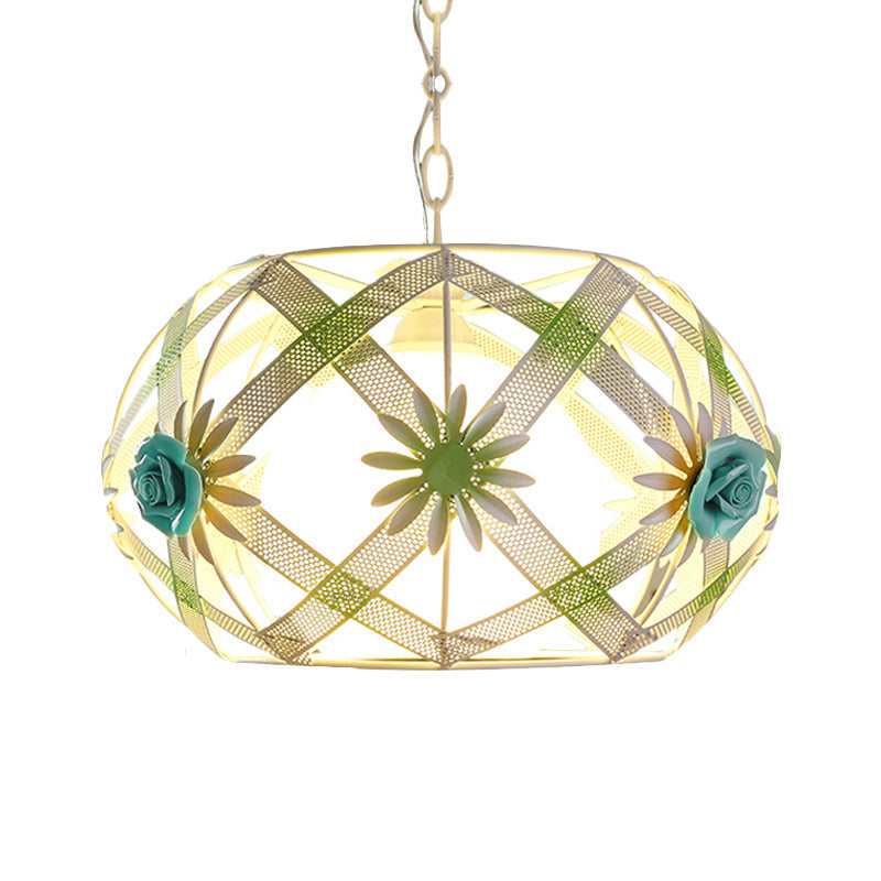 Pastoral Pink/Blue Iron Hanging Lamp: Ribbon Strap Pendant Light With Glass Shade
