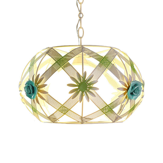 Pastoral Pink/Blue Iron Hanging Lamp: Ribbon Strap Pendant Light With Glass Shade