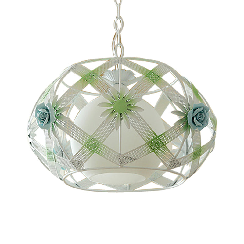 Pastoral Pink/Blue Iron Hanging Lamp: Ribbon Strap Pendant Light With Glass Shade