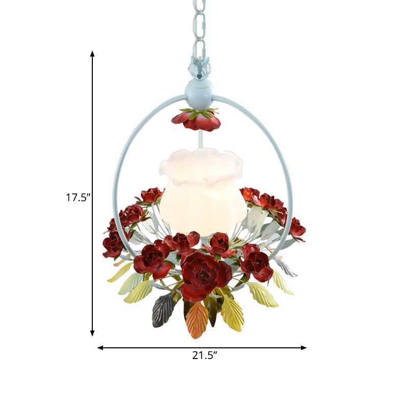 Romantic Opal Glass Bedroom Pendulum Light With Red And White Pendant
