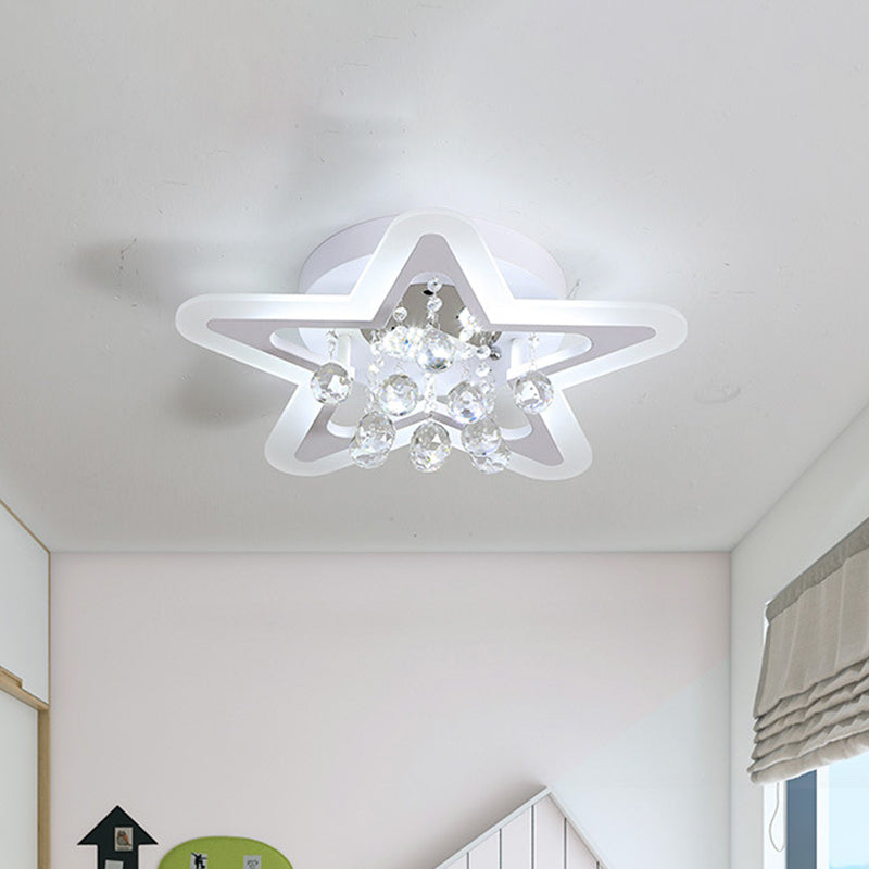 Minimalist LED Star Ceiling Light Fixture, White Acrylic Flushmount, Crystal Sphere, 16"/19.5" Wide