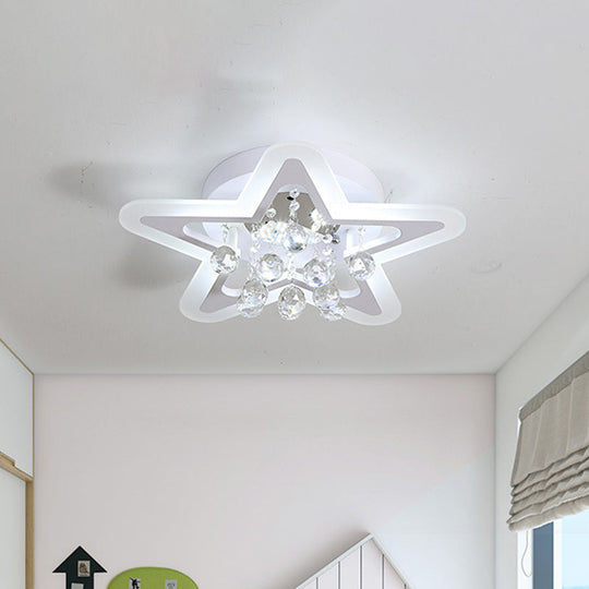 Minimalist LED Star Ceiling Light Fixture, White Acrylic Flushmount, Crystal Sphere, 16"/19.5" Wide