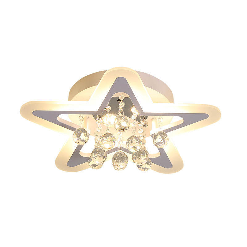 Minimalist LED Star Ceiling Light Fixture, White Acrylic Flushmount, Crystal Sphere, 16"/19.5" Wide