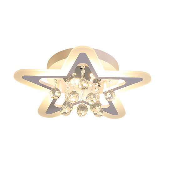 Minimalist LED Star Ceiling Light Fixture, White Acrylic Flushmount, Crystal Sphere, 16"/19.5" Wide