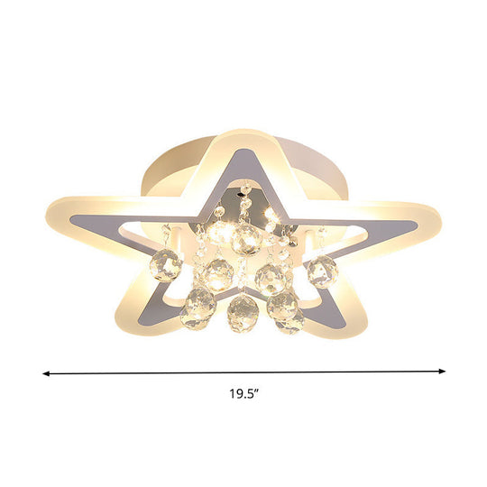 Minimalist LED Star Ceiling Light Fixture, White Acrylic Flushmount, Crystal Sphere, 16"/19.5" Wide