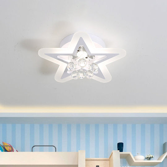 Minimalist LED Star Ceiling Light Fixture, White Acrylic Flushmount, Crystal Sphere, 16"/19.5" Wide