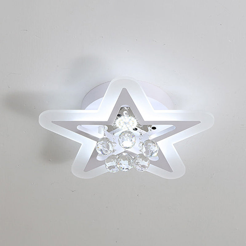 Minimalist LED Star Ceiling Light Fixture, White Acrylic Flushmount, Crystal Sphere, 16"/19.5" Wide