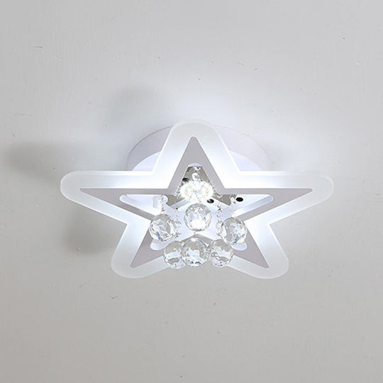 Minimalist LED Star Ceiling Light Fixture, White Acrylic Flushmount, Crystal Sphere, 16"/19.5" Wide