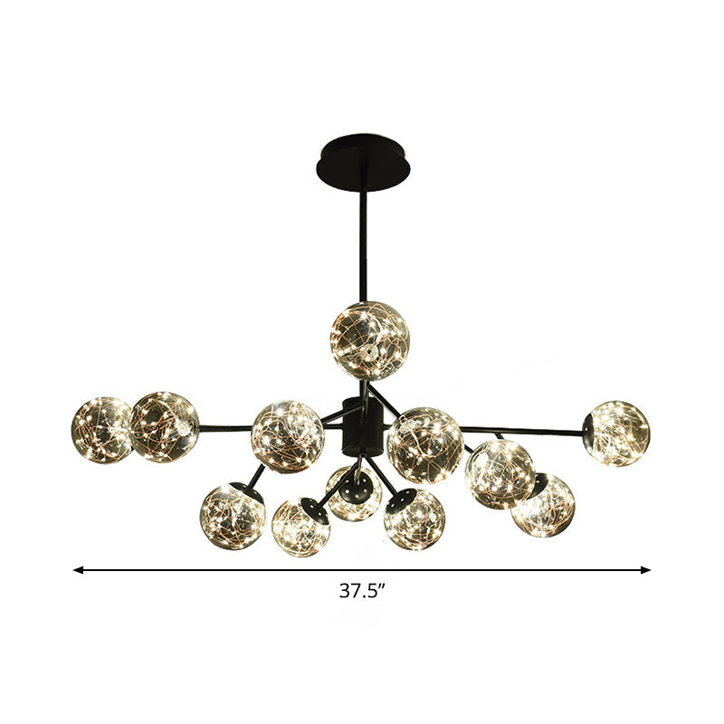 Modern Black Branch Chandelier Lamp - 12 Lights, Globe Smoke Gray Glass Shade