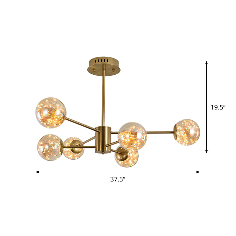 Lustre moderne en forme de boule de verre ambré – Lampe suspendue élégante en laiton Sputnik pour salle à manger