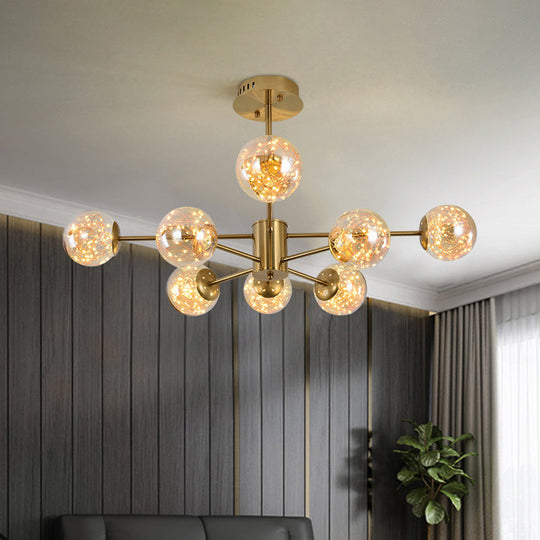 Lustre moderne en forme de boule de verre ambré – Lampe suspendue élégante en laiton Sputnik pour salle à manger