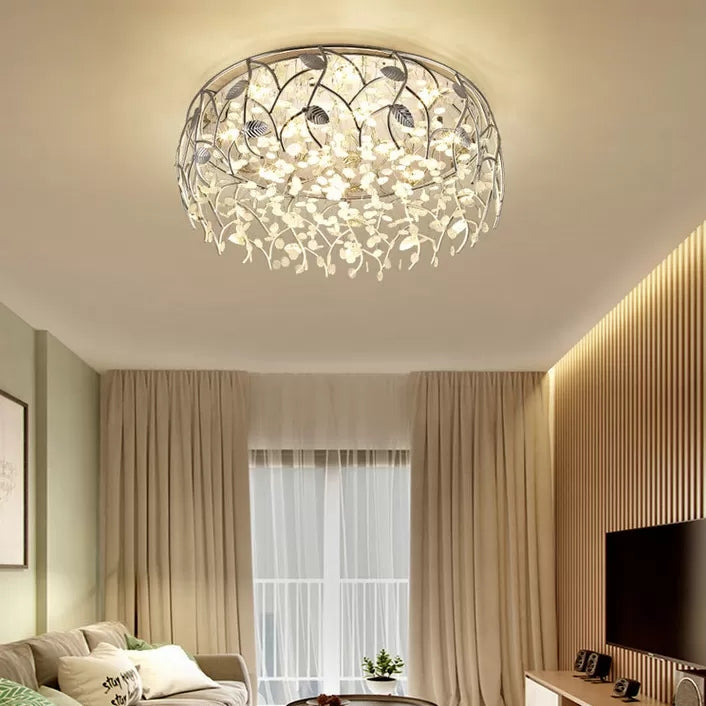 Romantic Chrome Flush Mount Light With Leaf & Crystal Bead Ceiling Fixture For Bedroom