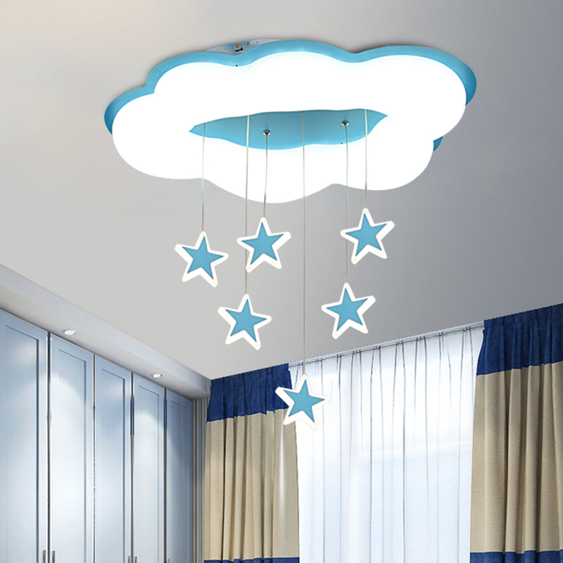 Cartoon Cloud and Star Flushmount LED Ceiling Light for Bedroom - Acrylic Pink/Blue Design