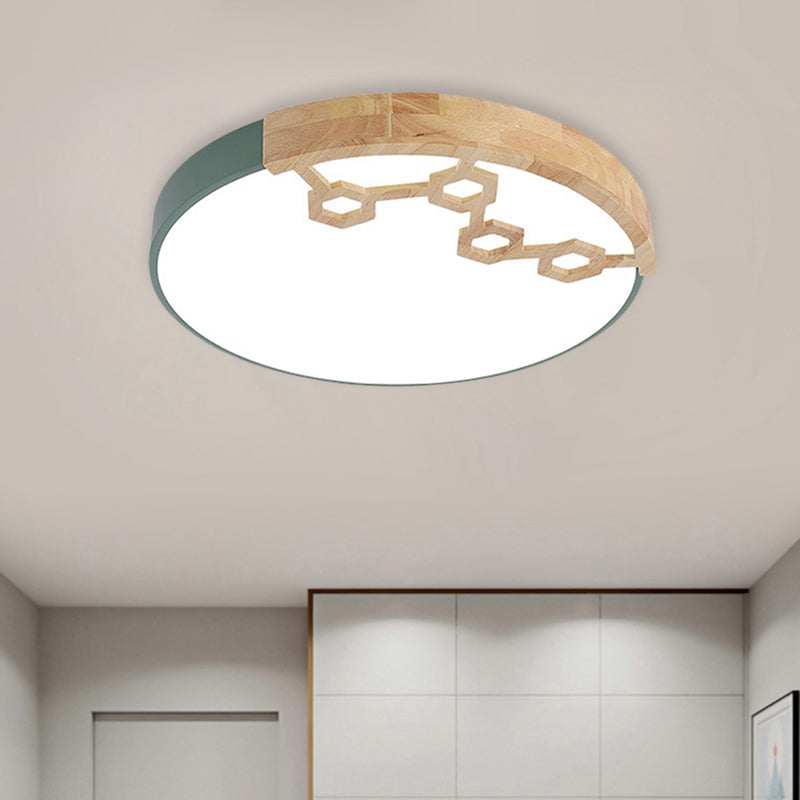 Modern Acrylic Circle Flush Ceiling Light with Wood Design - LED Spotlight in Grey/White/Green