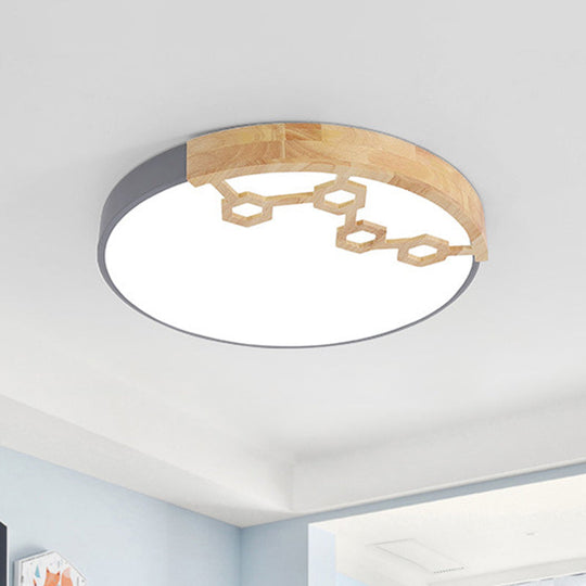 Modern Acrylic Circle Flush Ceiling Light with Wood Design - LED Spotlight in Grey/White/Green