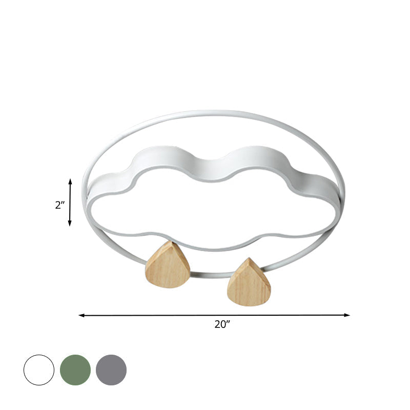 Modern Cloud Bedroom Ceiling Light with Acrylic LED, Wood Raindrop Design (Grey/White/Green)