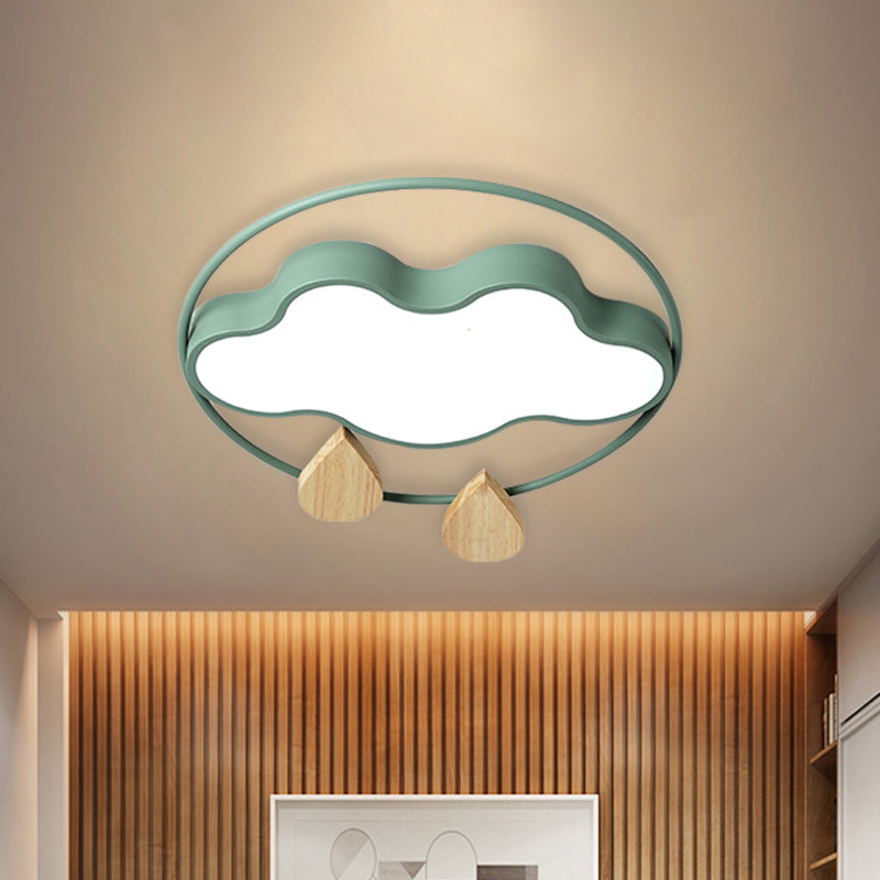 Modern Cloud Bedroom Ceiling Light with Acrylic LED, Wood Raindrop Design (Grey/White/Green)