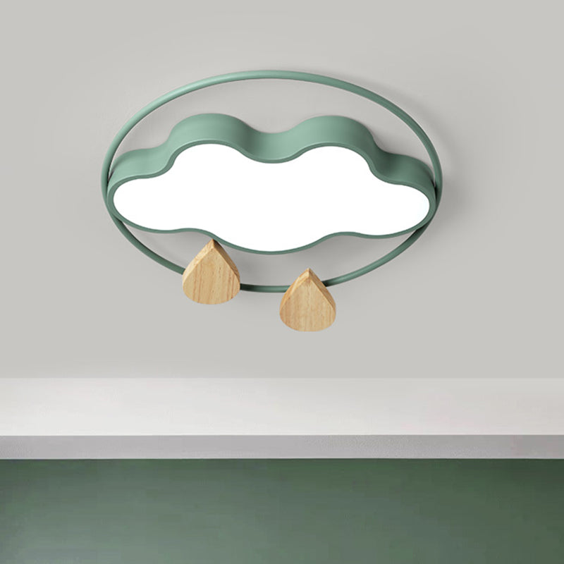 Modern Cloud Bedroom Ceiling Light With Acrylic Led Wood Raindrop Design (Grey/White/Green)
