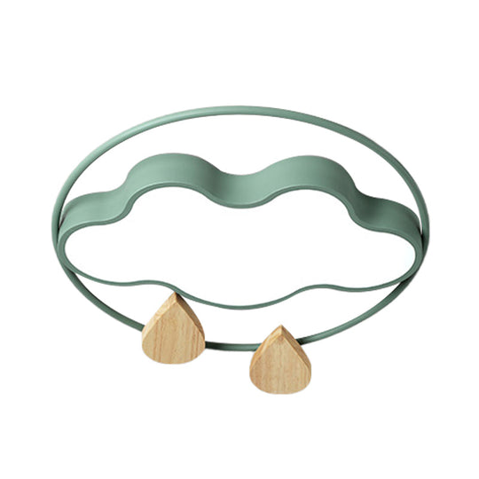 Modern Cloud Bedroom Ceiling Light with Acrylic LED, Wood Raindrop Design (Grey/White/Green)