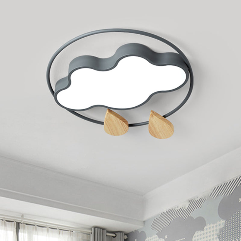 Modern Cloud Bedroom Ceiling Light with Acrylic LED, Wood Raindrop Design (Grey/White/Green)