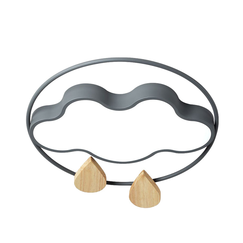 Modern Cloud Bedroom Ceiling Light with Acrylic LED, Wood Raindrop Design (Grey/White/Green)