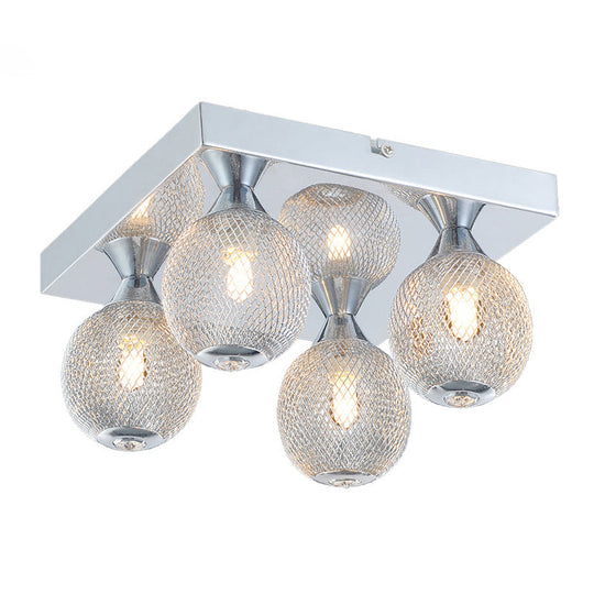 Modern Chrome Flushmount Globe Light with Metal Mesh & LED Illumination - 4 Bulbs