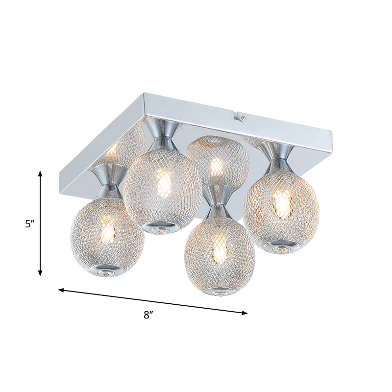 Modern Chrome Flushmount Globe Light With Metal Mesh & Led Illumination - 4 Bulbs