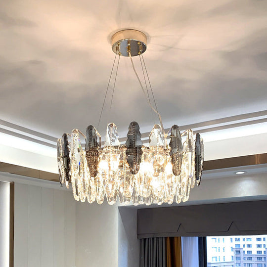 Modernist Clear and Smoke Gray Crystal Chandelier Light - 2 Tiers Suspension, 6 Heads