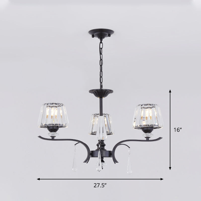 Modern Black Crystal Cone Chandelier - 3/6-Bulb Ceiling Suspension Lamp for Bedroom