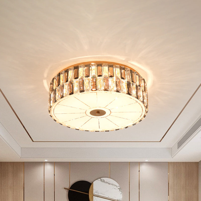 9-Bulb Gold Drum Bedroom Flush Mount Lamp With K9 Crystal And Glass Diffuser