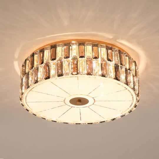 9-Bulb Gold Drum Bedroom Flush Mount Lamp with K9 Crystal and Glass Diffuser