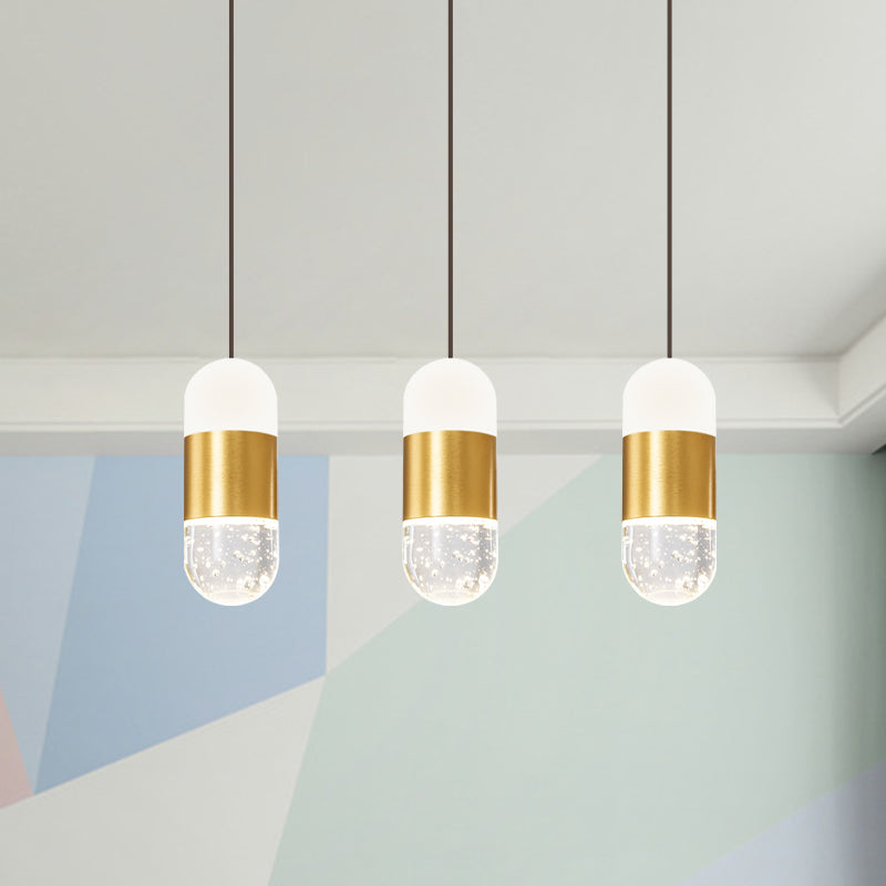 Minimalist Brass Cluster Pendant Light With Seedy Crystal Capsule - Perfect For Dining Room
