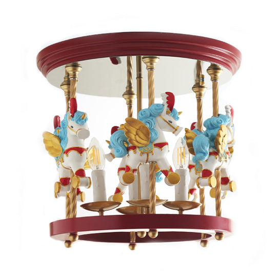 Luminaire encastré semi-encastré en forme de carrousel en métal pour chambre d'enfant - 4 ampoules rouge/rose/jaune