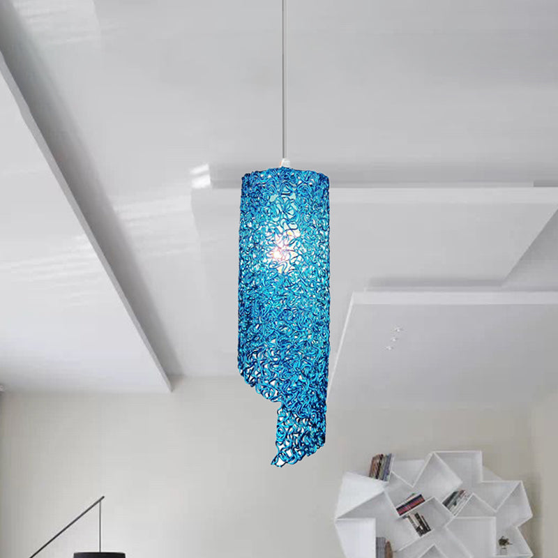 Cylinder Hanging Light With Silver Brown And Blue Finish - Contemporary Aluminum Wire Pendant