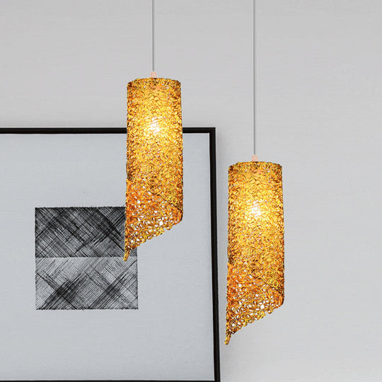 Contemporary 1-Light Silver/Brown/Blue Finish Cylinder Hanging Light: Aluminum Wire Pendant Ceiling Lamp