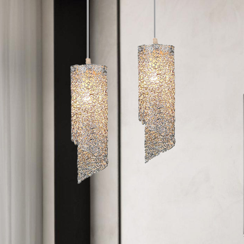 Contemporary 1-Light Silver/Brown/Blue Finish Cylinder Hanging Light: Aluminum Wire Pendant Ceiling Lamp