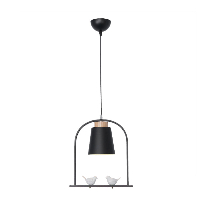 Metal Bird Cage Down Lighting Pendant Lamp with Small Barrel Shade in White/Black/Grey Finish