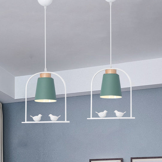 Metal Down Lighting Macaron Pendant Lamp With Bird Cage Shape And Barrel Shade - White/Black/Grey