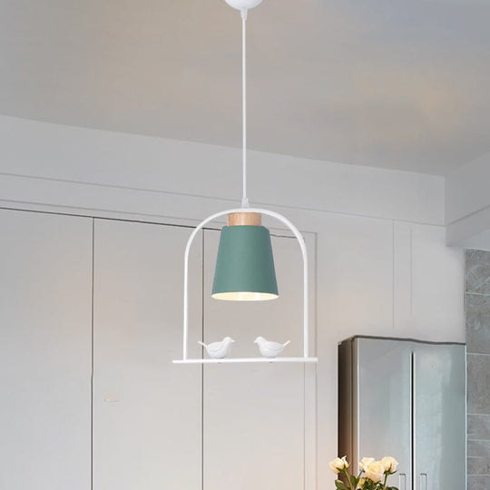 Metal Bird Cage Down Lighting Pendant Lamp with Small Barrel Shade in White/Black/Grey Finish