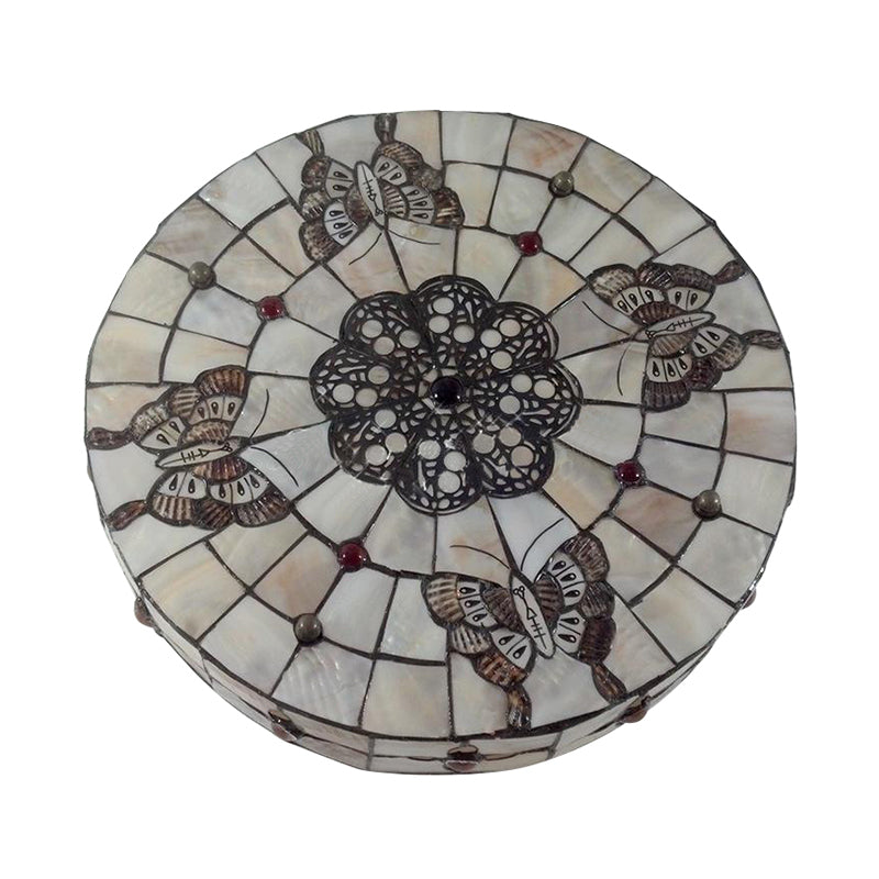 Rustic Lodge Butterfly Drum Flushmount Ceiling Light with Beige Glass - 4 Bulbs