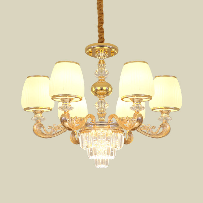 Modern Carved Arm Bedroom Chandelier: Milk Glass, 6 Bulbs, Gold Crystal Hanging Light