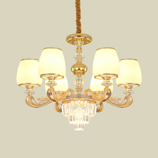Modern Carved Arm Bedroom Chandelier: Milk Glass, 6 Bulbs, Gold Crystal Hanging Light