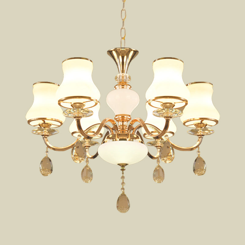 Sleek Opal Glass 6-Light Bedroom Crystal Chandelier – Champagne Bell Design