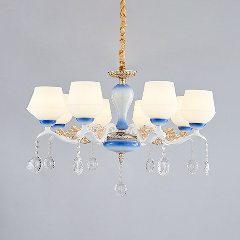 Modern Tapered Pendant Chandelier With 8 Bulbs Ivory Glass Crystal Suspension Light In Blue & White