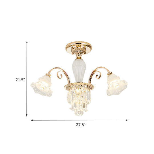 Plafonnier semi-encastré contemporain Bloom doré avec verre opale et accents en cristal