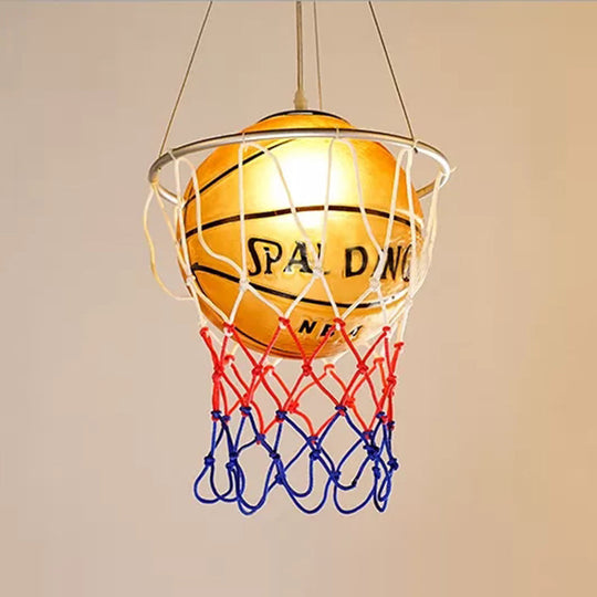 Brown Glass Basketball Pendant Light With Hoop - Sporty 1-Head Hanging Lamp For Bedroom